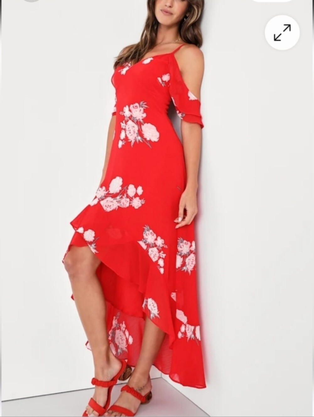 Lulu's Red Floral Cold-Shoulder Maxi Dress - Picture 3 of 6